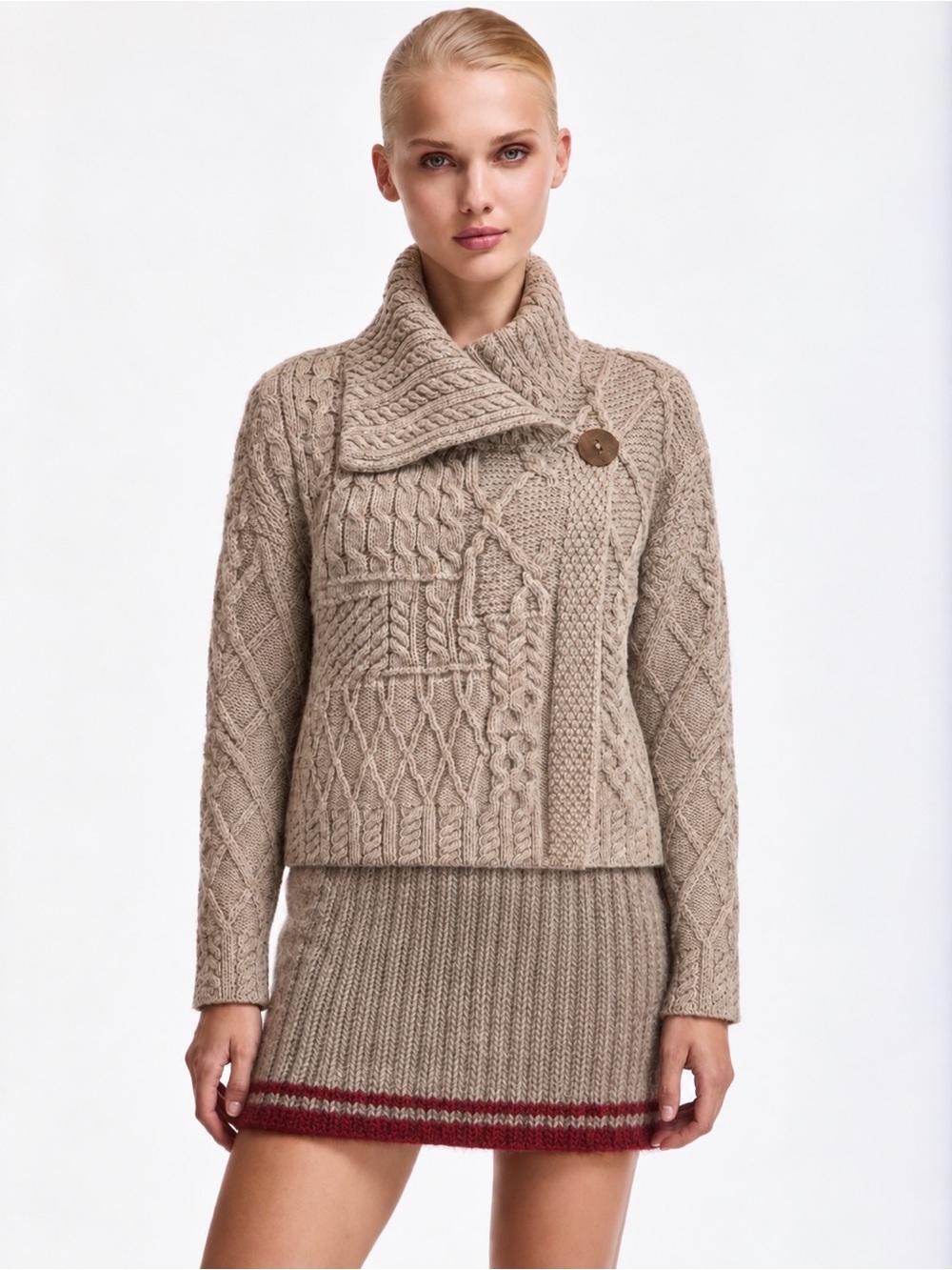 Carraig Donn Ireland Merino Wool Aran Patchwork Cable Knit Single Button Sweater